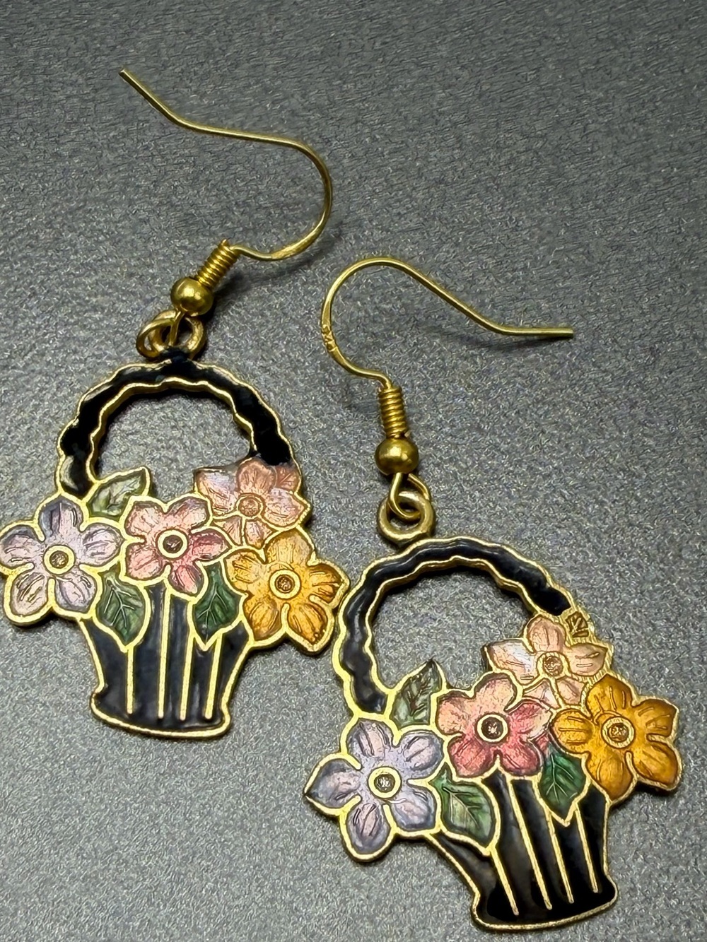 💙💙2/$20 Cloisonné  Basket Dangle Earrings - Gold Tone with Multicolor Flowers
